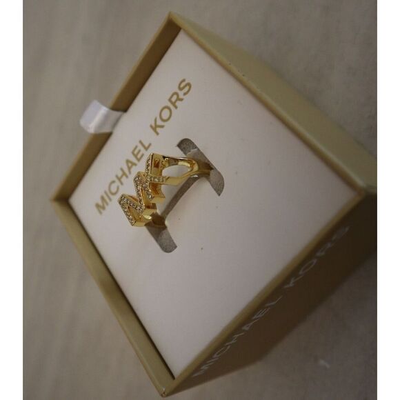 Michael Kors MKJX80277108 Women Sz 8 Gold Crystal Pavé MK Logo Fashion Ring - Picture 4 of 6